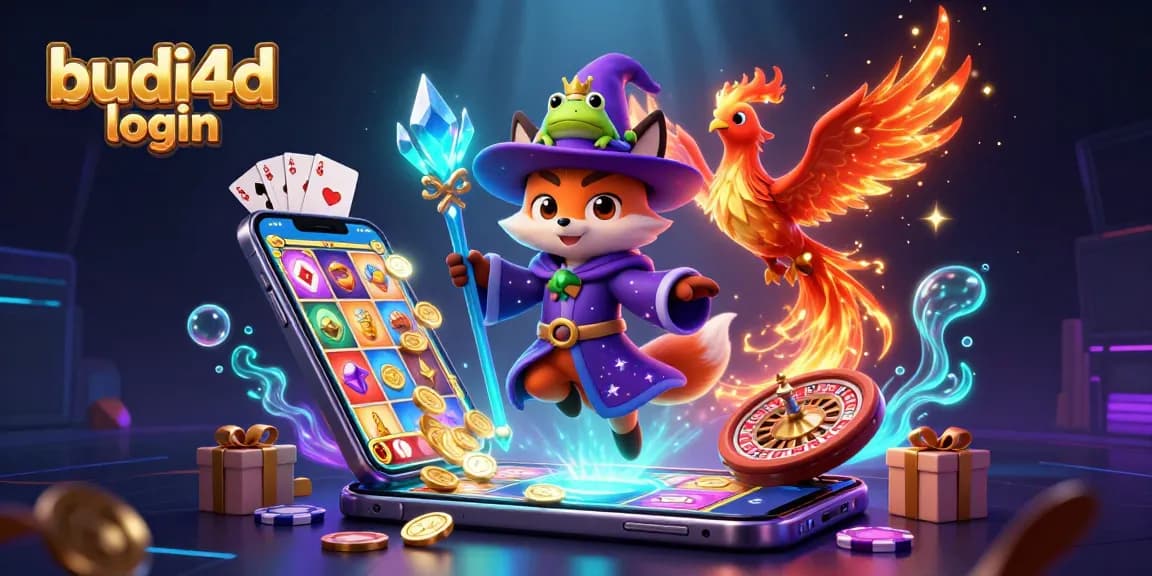 Play effortlessly with budi4d login in a magical 3D casino illustration featuring a wizard, phoenix, and vibrant game elements.