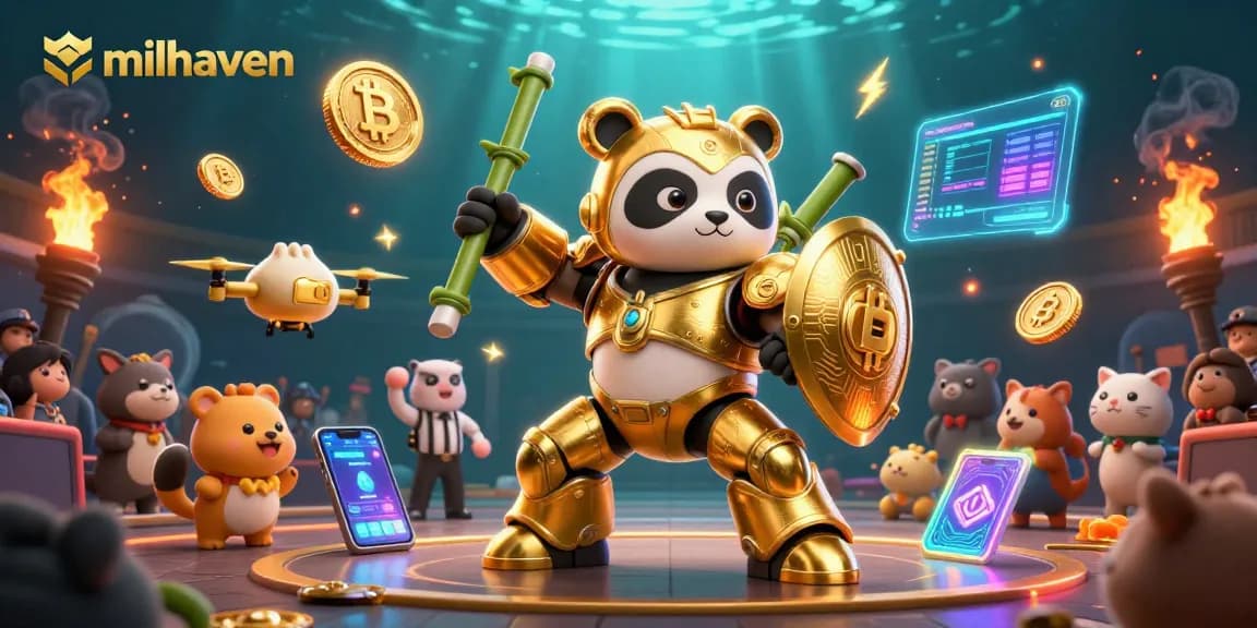 Experience the thrill of gambling with milhaven in a vibrant 3D arena with golden panda and crypto action.