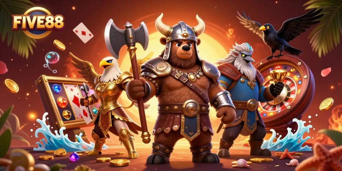 Engage with the exciting world of FIVE88 slots and casino games through a vibrant illustration.