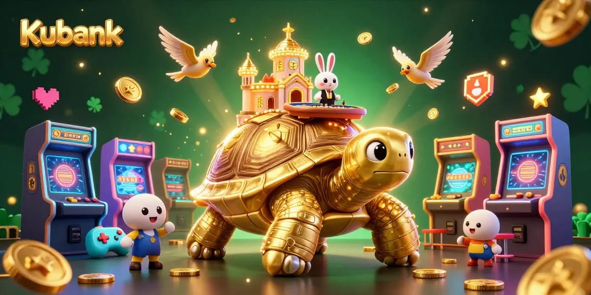 Kubank casino scene featuring a rabbit dealer and golden coins amidst dynamic gaming elements.