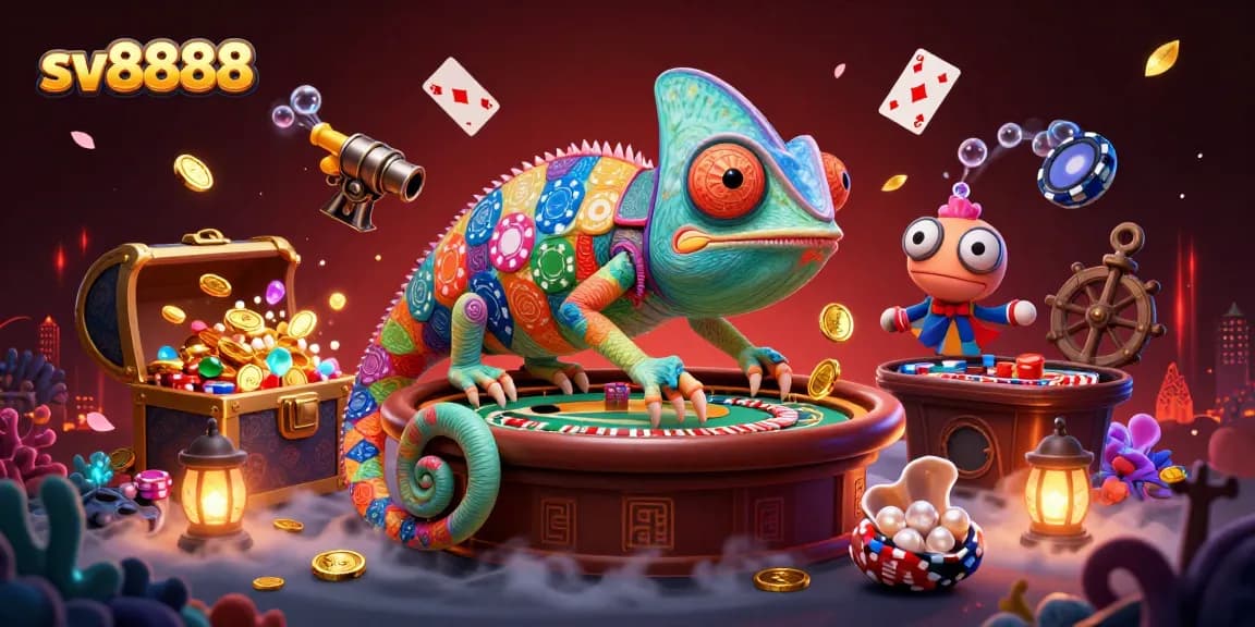 Join the excitement at sv8888, where the chameleon casino owner catches golden coins in a vibrant gaming scene.