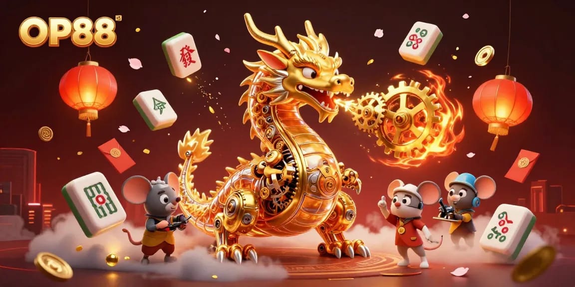 Experience thrilling gameplay at OP88 with vibrant casino-themed elements and a unique dragon character.