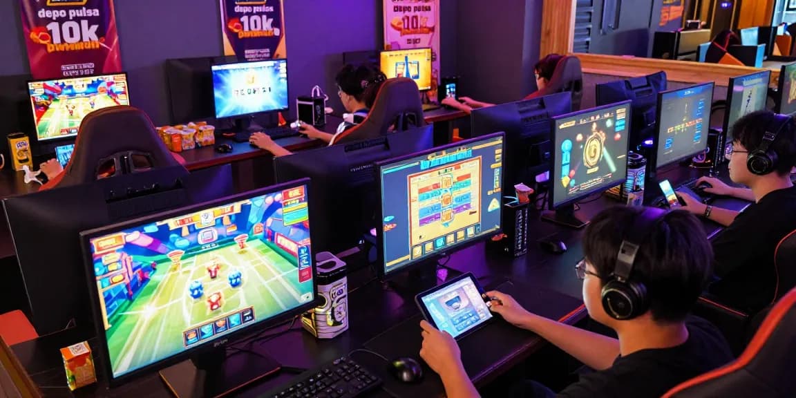 Exciting gaming lounge with players enjoying online slots, featuring depo pulsa 10k tanpa potongan offers and vibrant LED lighting.