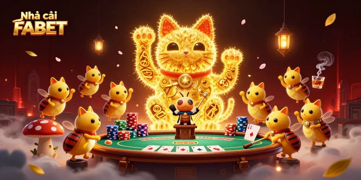 Engaging illustration of Nhà cái FABET with a lucky cat and poker elements for immersive gaming.
