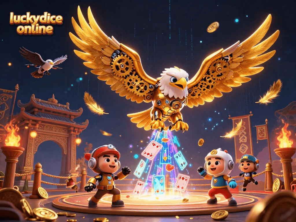 Engage with lucky dice online through an epic 3D illustration of a cybernetic eagle amid dazzling casino elements.