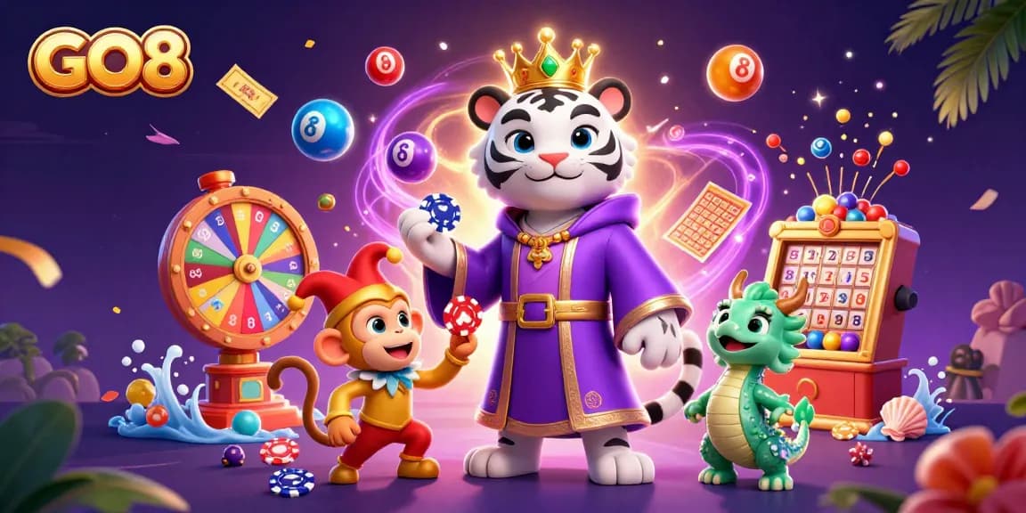 Engage with GO8 gaming excitement in this lively casino illustration showcasing vibrant lottery elements.