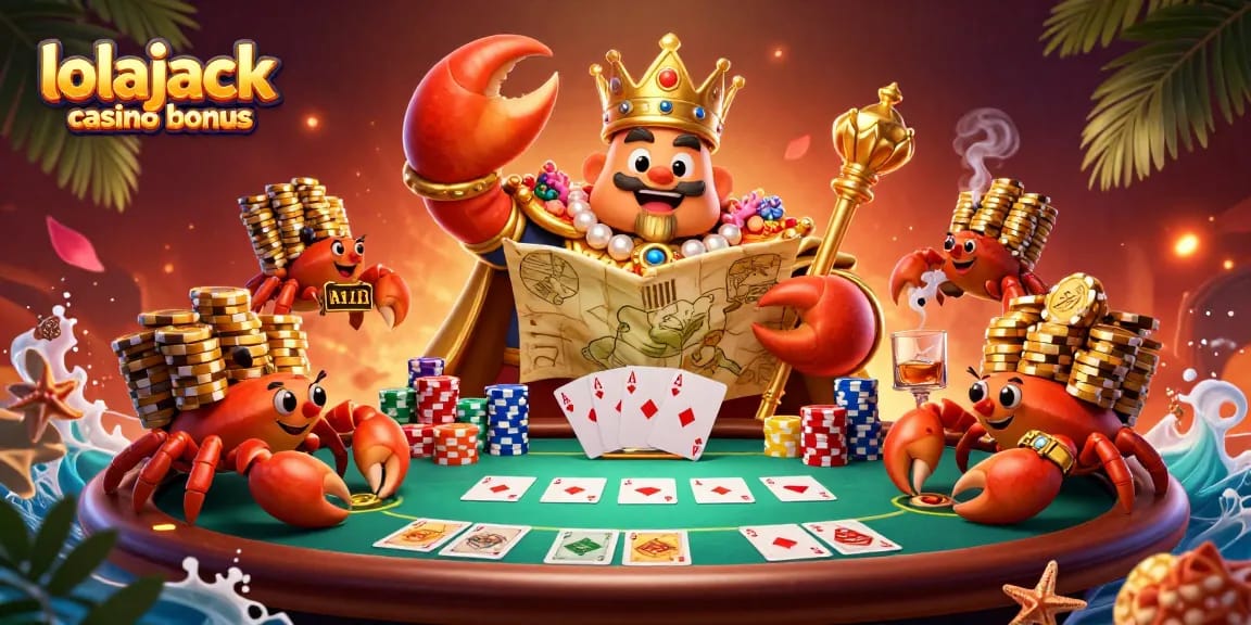 Experience the thrill of the lolajack casino bonus with a golden crab emperor, poker chips, and vibrant casino elements.