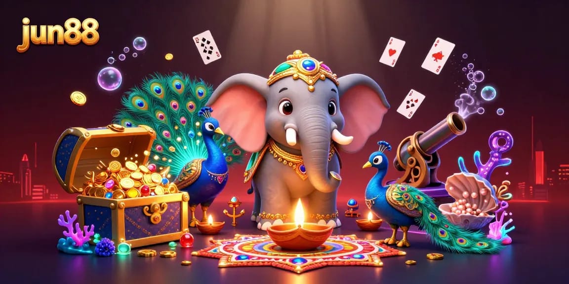 Experience the excitement of jun88 with a vibrant 3D casino scene featuring an elephant and peacock.