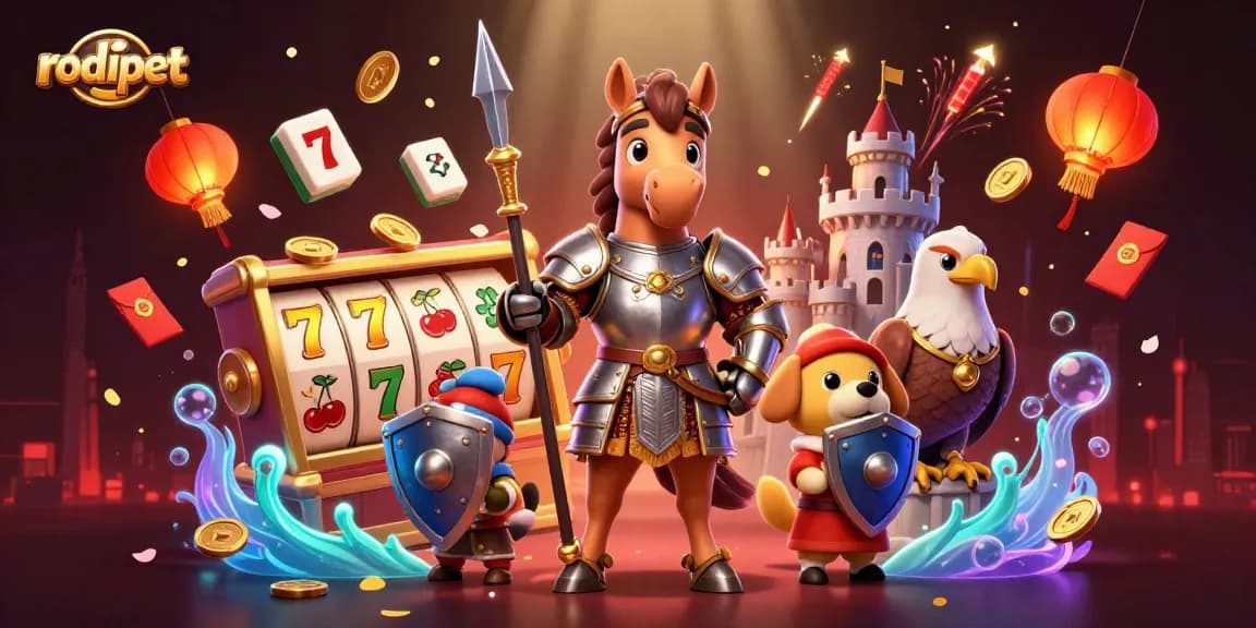 Experience dynamic gaming action with rodipet as knight and friends engage in spinning slots in a vibrant scene.