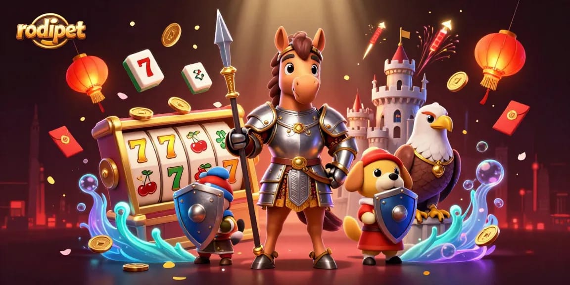 Experience dynamic gaming action with rodipet as knight and friends engage in spinning slots in a vibrant scene.
