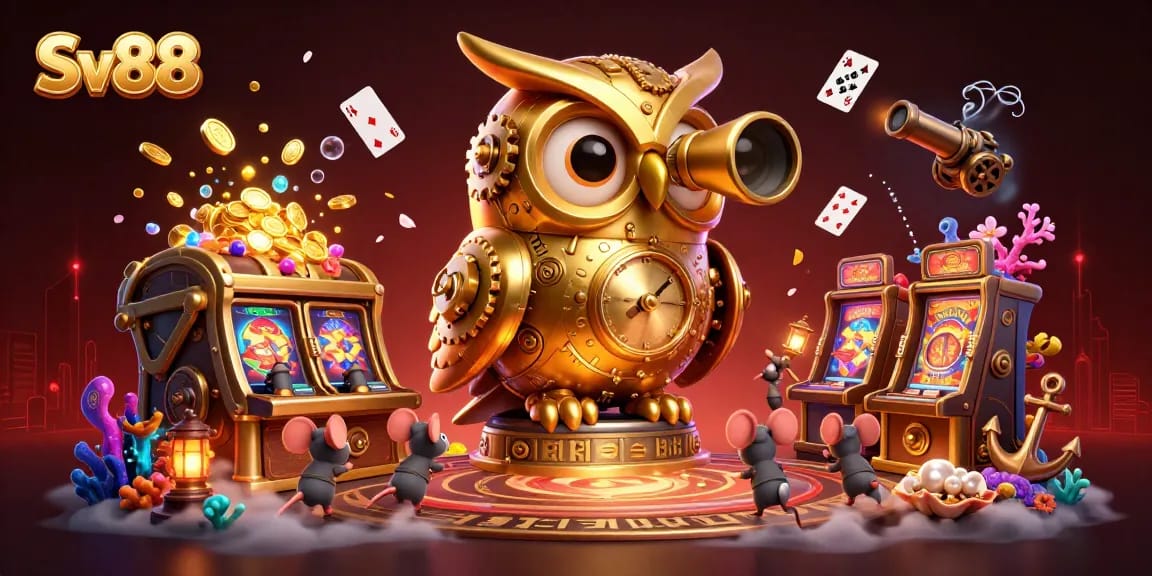 Sv88 golden owl scans a vibrant casino scene with dynamic elements and rich details.