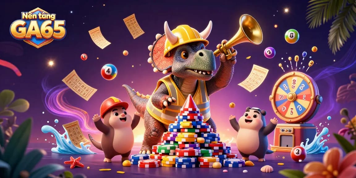 Engage with Nền tảng GA65 in a lively casino scene featuring colorful lotto balls and dynamic celebration elements.
