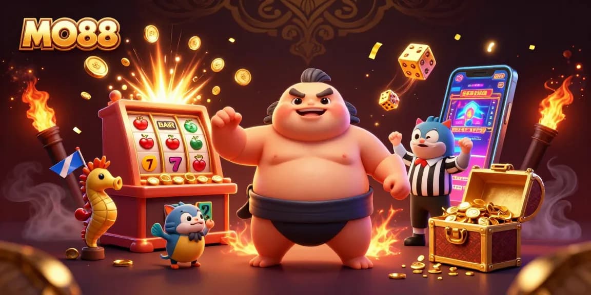 Spin to win with MO88 in this vibrant underwater casino scene featuring playful characters.