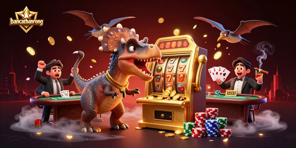 Spin the bancathanrong jackpot with a pachycephalosaurus and friends in a vibrant casino scene!