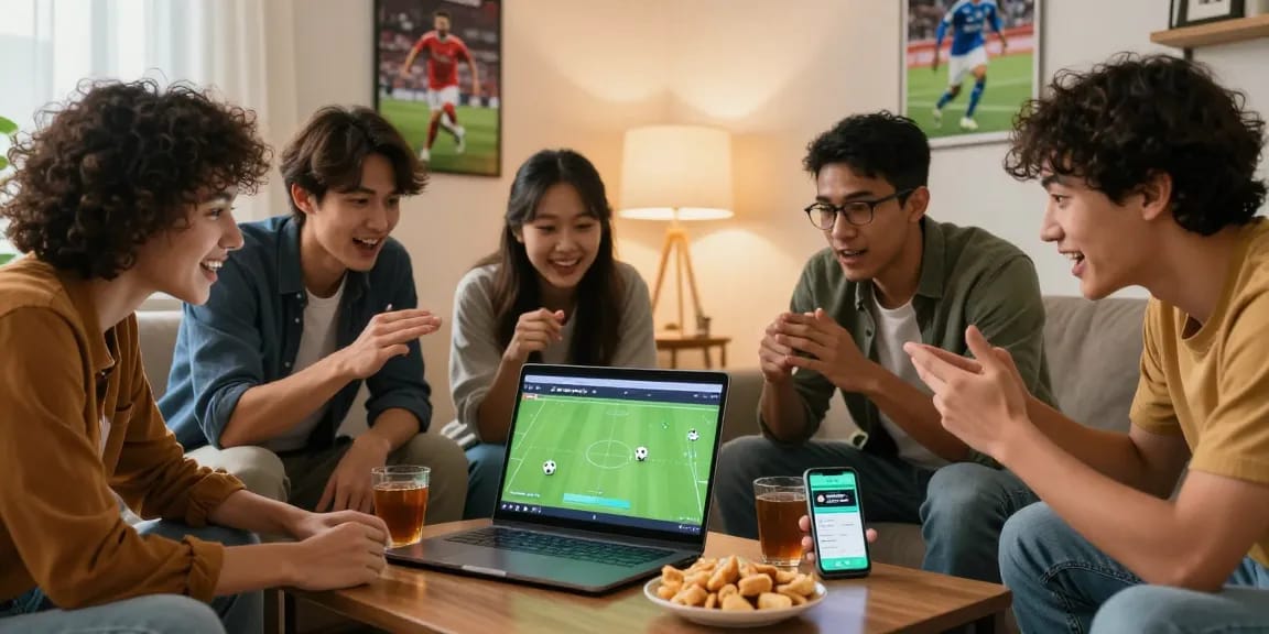 Friends enjoying online betting with Link Resmi Sbobet Dewacash in a lively living room.