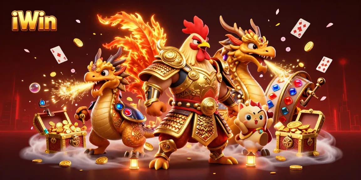 Experience the thrill of iWin with this dynamic illustration of a fighting rooster warrior in a rich casino scene.