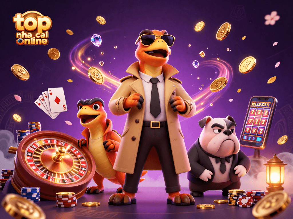 Experience thrilling action at top nha cai online with raptors in a trench coat attempting VIP casino entry.