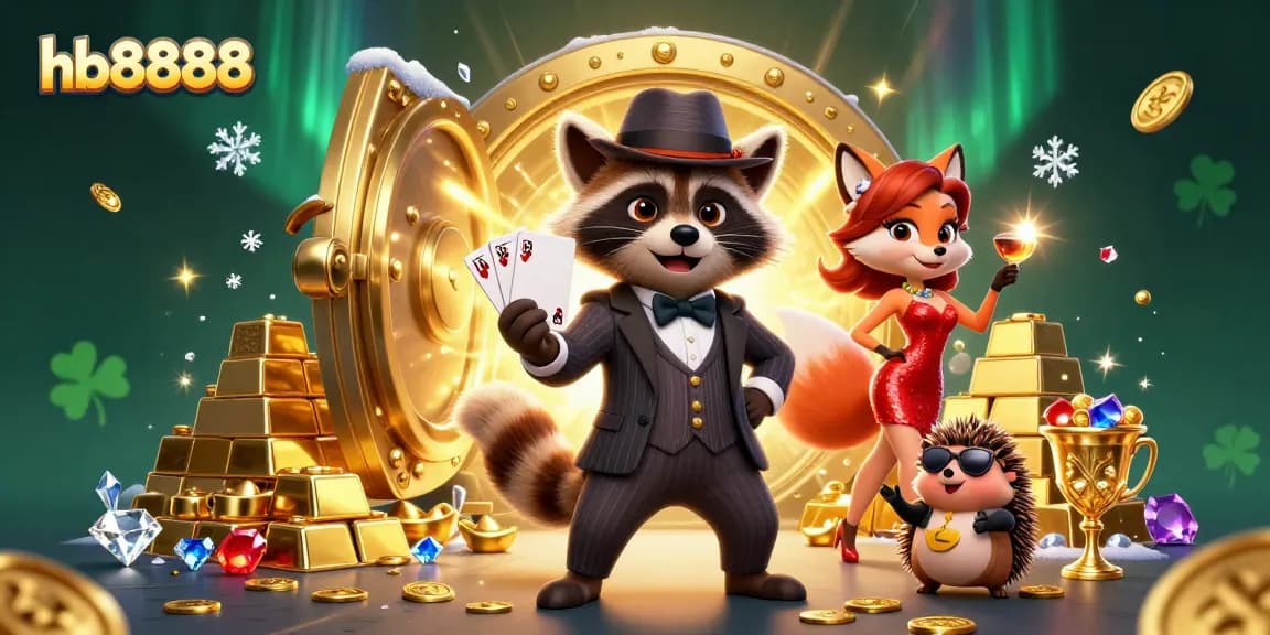 Experience excitement and wealth with hb8888 in this vibrant 3D casino scene showcasing a raccoon and friends.