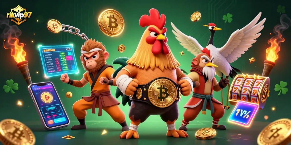 Engage with rikvip97's vibrant casino atmosphere featuring crypto elements and martial arts characters.