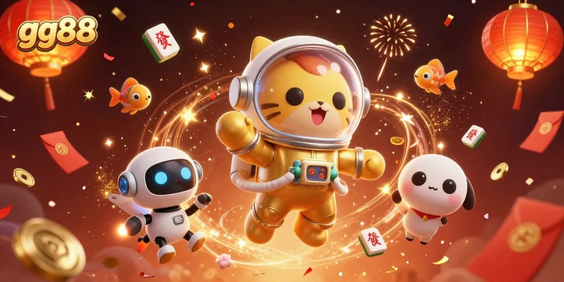 Experience thrilling moments with gg88 as a golden astronaut cat and robot dog play among festive casino elements.