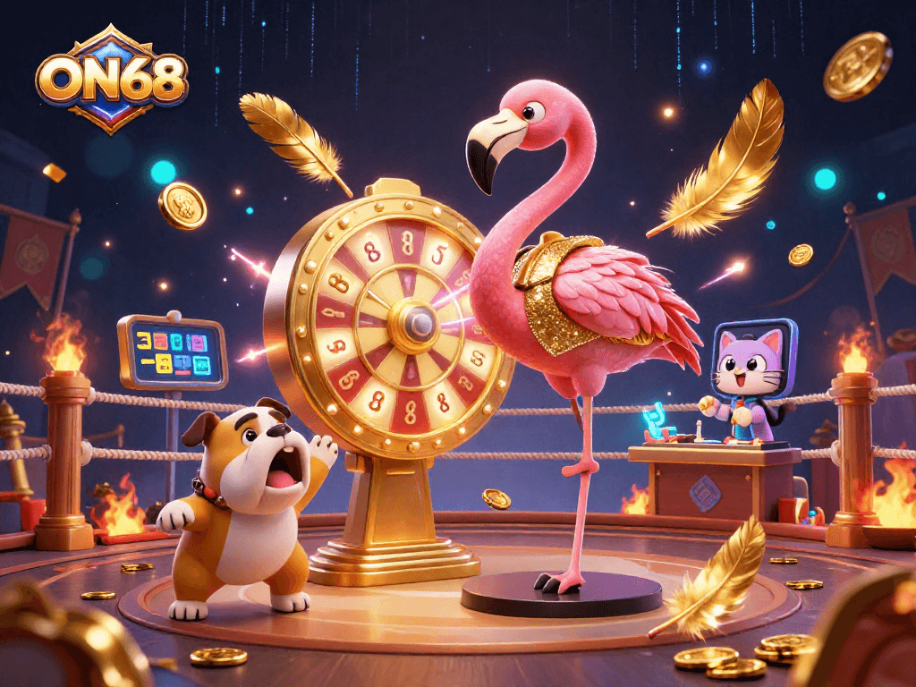 Experience thrilling gameplay with ON68, a vibrant scene featuring polarizing characters and dynamic casino elements.