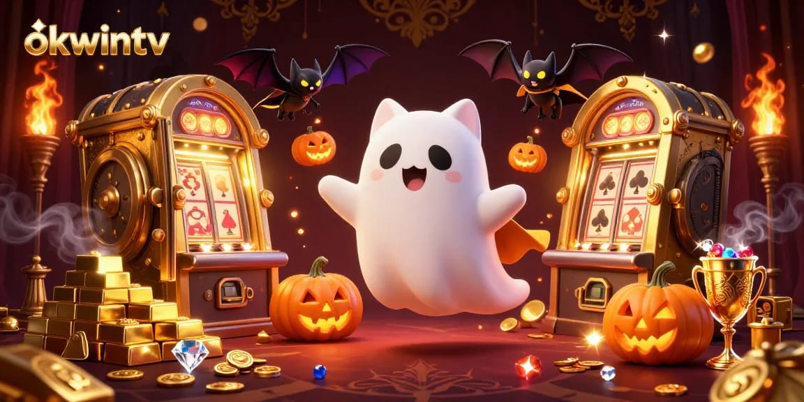 Experience thrilling gameplay on okwintv with dynamic ghost cat and vampire bat in a haunted casino scene.