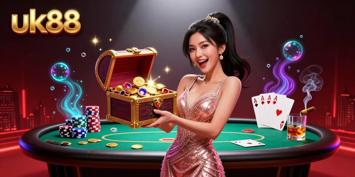 Experience thrilling uk88 casino excitement as a joyful dealer shares a treasure chest of rewards amidst vibrant poker elements.