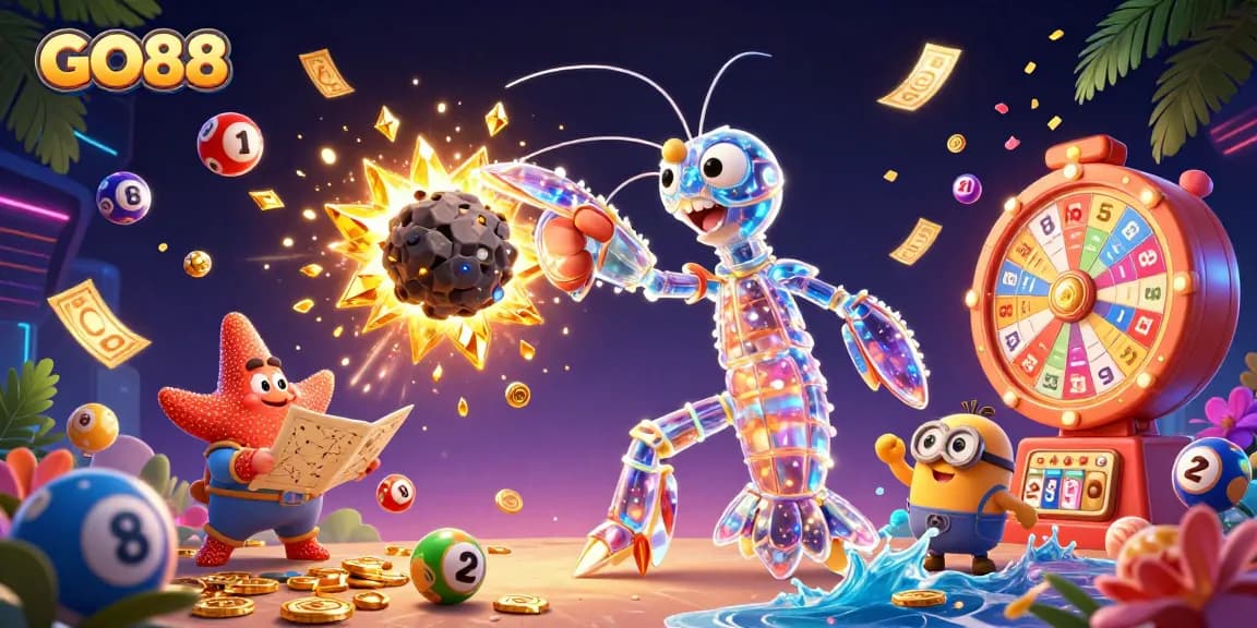 Experience the thrill at GO88 with a vibrant 3D casino scene featuring exciting gaming elements and dynamic action.