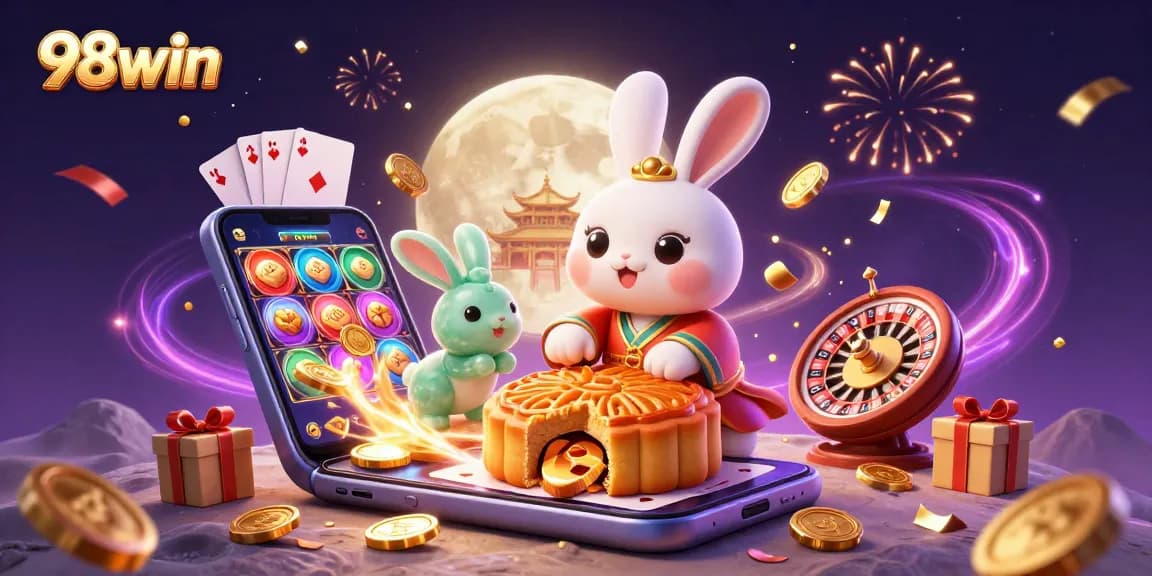 Engage with 98win's exciting casino games surrounded by a magical scene filled with poker chips and celebration elements.