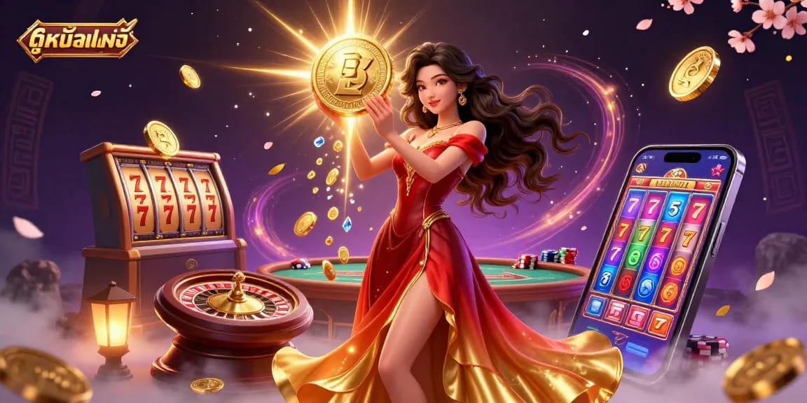 Engage with ดูหนังออนไลน์ showcasing a stunning Asian woman holding a golden coin amidst a cascade of casino elements, appealing to gamblers.