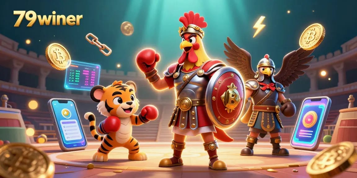 Engage with 79winer in an exhilarating casino scene featuring dynamic characters and crypto elements.