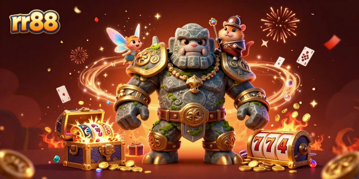 Experience winning with rr88's enchanting casino scene featuring a magical golem, fairy, and vibrant game elements.