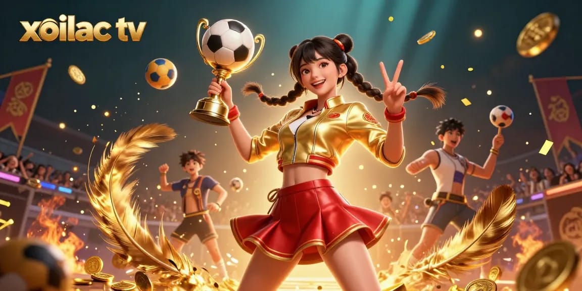 Bet on victory with Xoilac TV - vibrant sports betting scene featuring a joyful Asian woman.