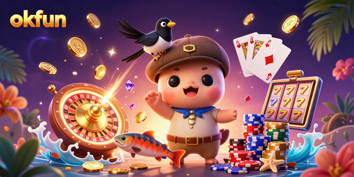 Spin to win with okfun featuring playful characters amidst cascading coins and vibrant gaming elements.
