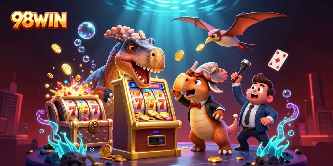 Experience the thrilling 98WIN jackpot celebration with a pachycephalosaurus hitting a slot machine, coins flying!