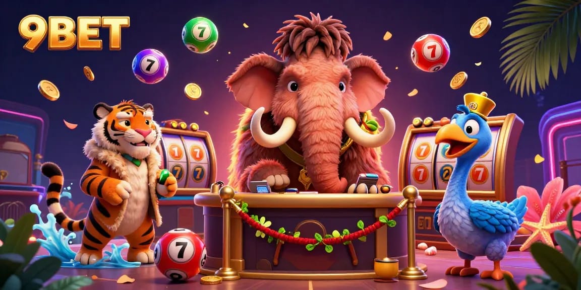 Experience thrilling gaming at 9BET with a lavish casino scene featuring dynamic lottery elements and luxurious characters.