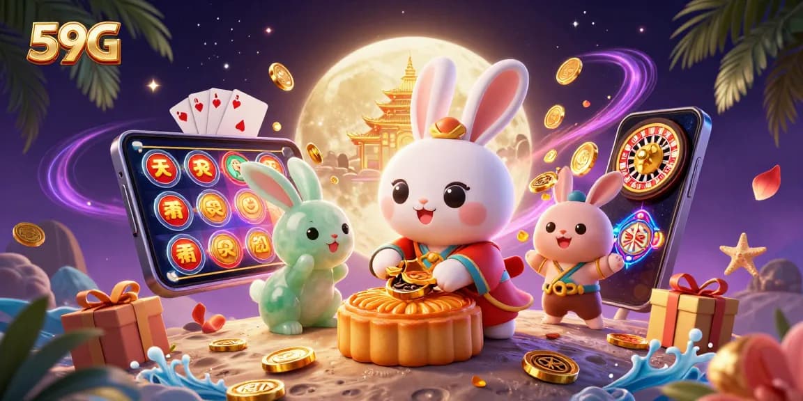 Experience exciting gaming with 59G featuring a moon rabbit surrounded by poker chips and slot games.