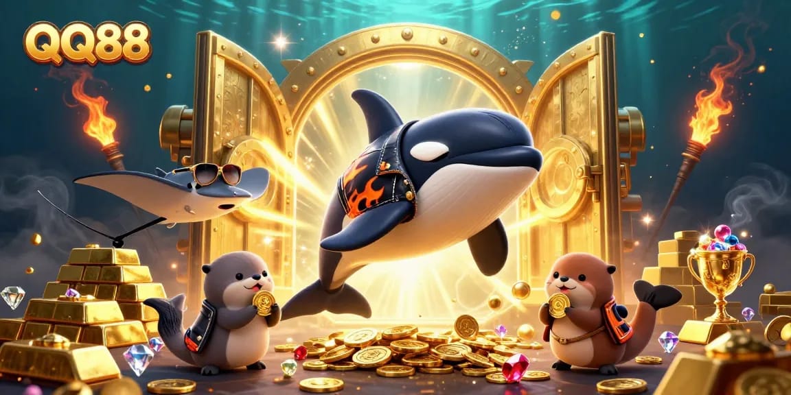 Join the vibrant world of QQ88 as an orca whale and friends celebrate with treasure and excitement!