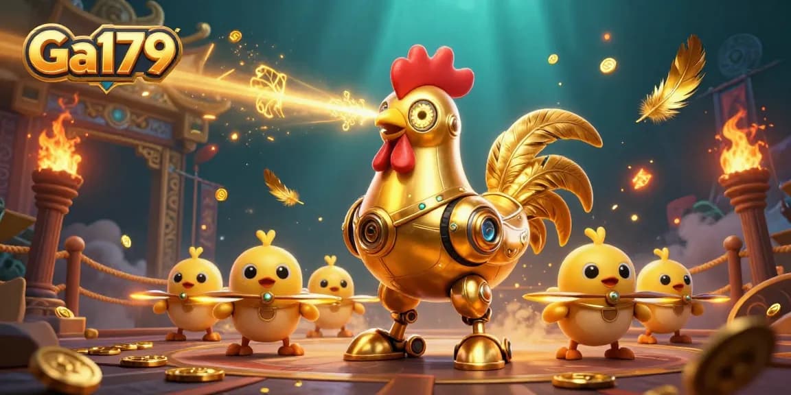 Engage in thrilling cockfighting action with Ga179's golden rooster robot in a dynamic, visual spectacle.