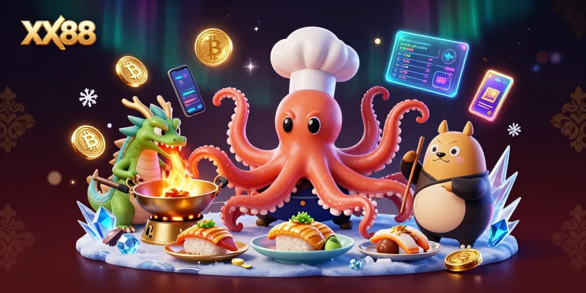 Experience exciting play at XX88, featuring a mystical chef octopus and neon crypto elements.