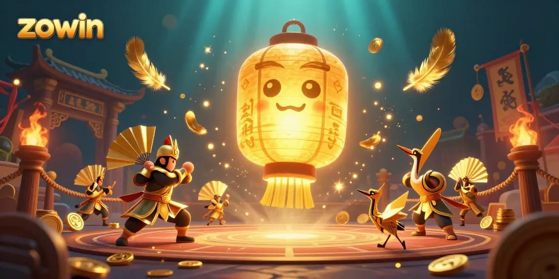 Engage with Zowin at a vibrant casino scene featuring golden lanterns and lucky symbols.