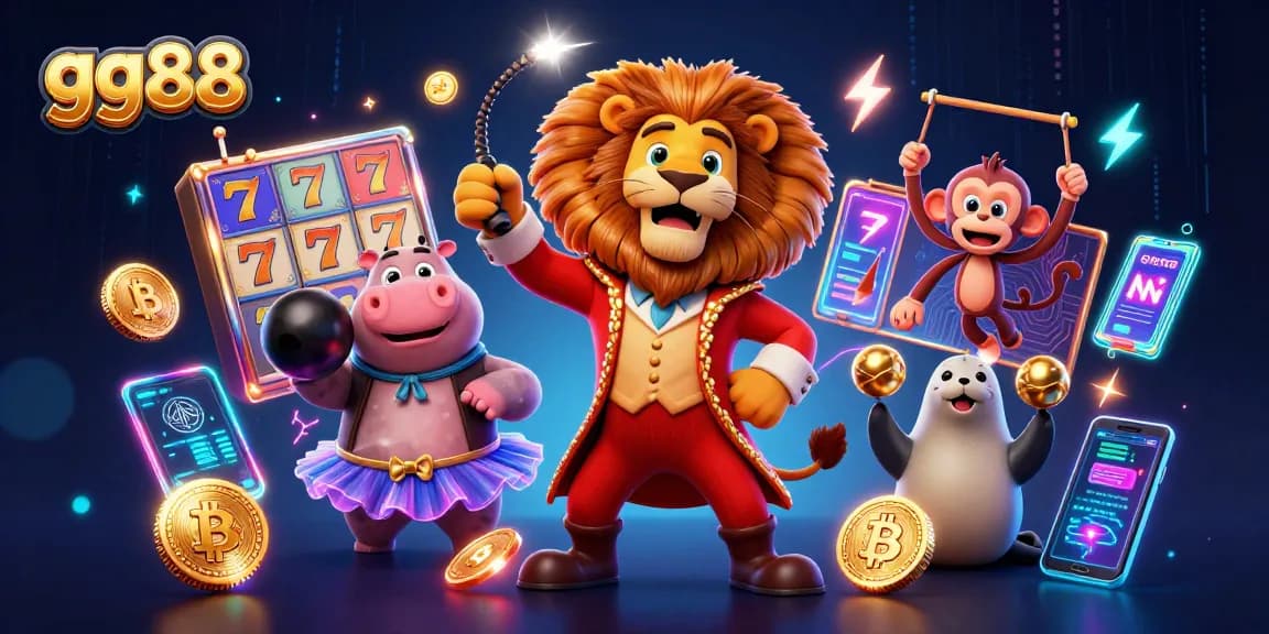 Experience gg88 excitement with cartoon characters amidst vibrant slot machines and crypto elements.
