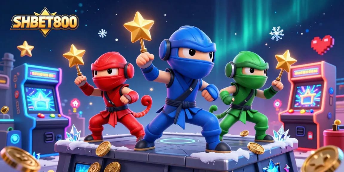 Experience thrilling action at SHBET800, with 3D chameleon ninjas showcasing casino adventures in vibrant colors.