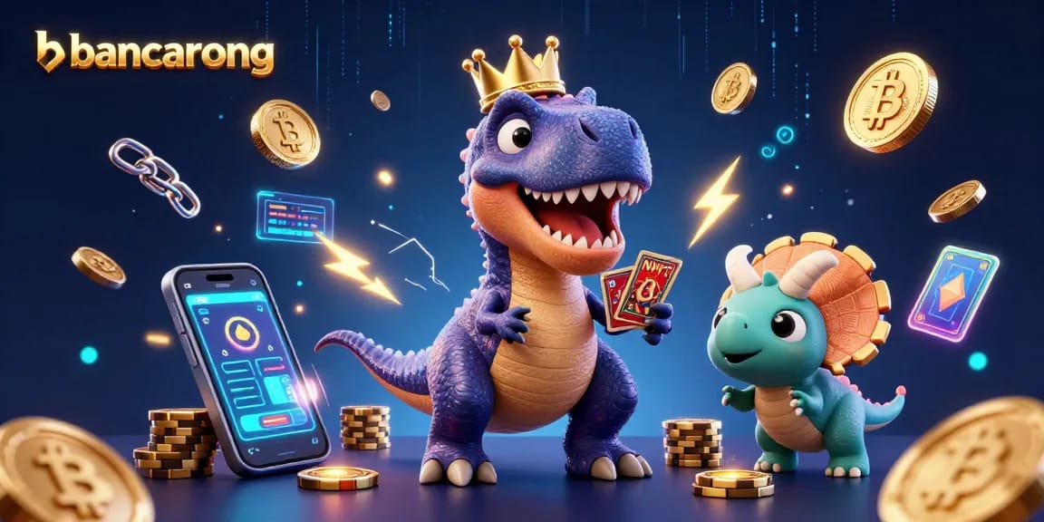 Engage in intense gameplay with bancarong as a T-Rex shuffles cards with crypto elements around