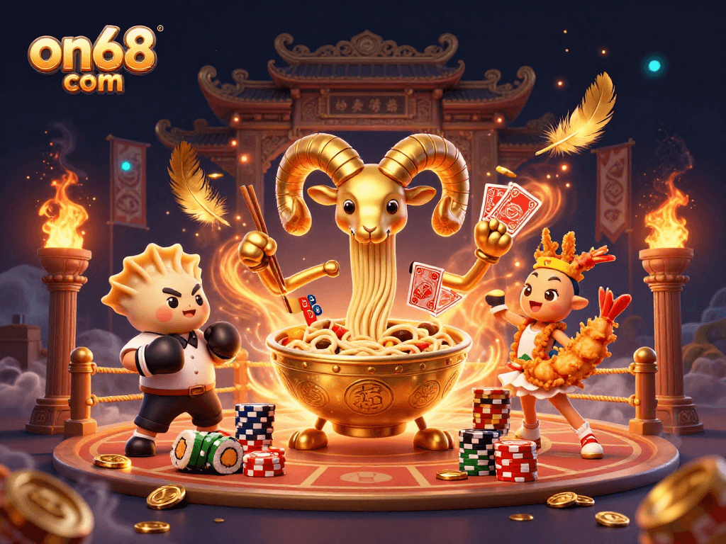Engage with on68 com’s vibrant casino scene featuring a golden ramen bowl dealing cards amid dynamic gaming elements.