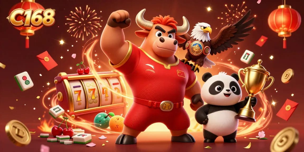 C168 showcases an exciting celebration with vibrant characters, slot reels, and festive elements in a dynamic casino scene.