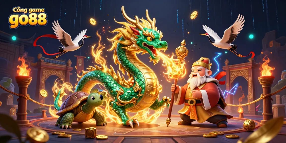 Cổng game go88 showcases an emerald jade dragon, turtle sage, and lucky cranes in a dynamic casino scene.