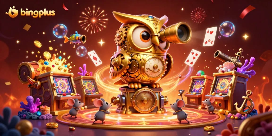 Experience big wins at bingoplus with a lively 3D casino scene featuring digital bingo and vibrant game elements.