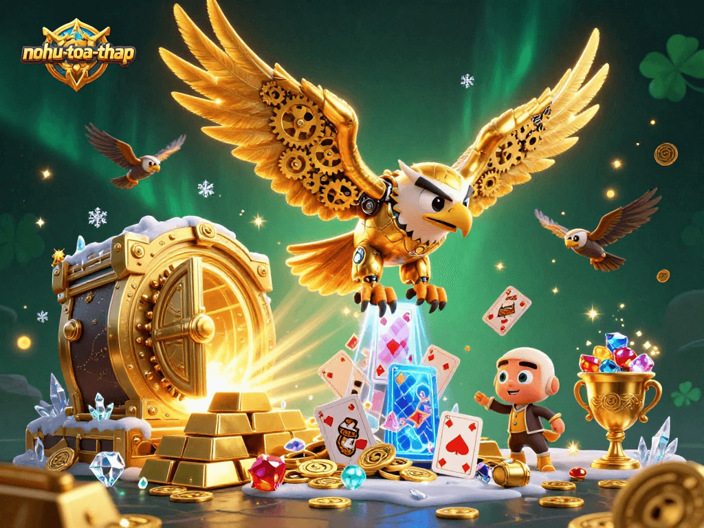 Experience exciting gameplay with nohu-toa-thap in this vibrant 3D casino scene featuring treasure and holographic cards.