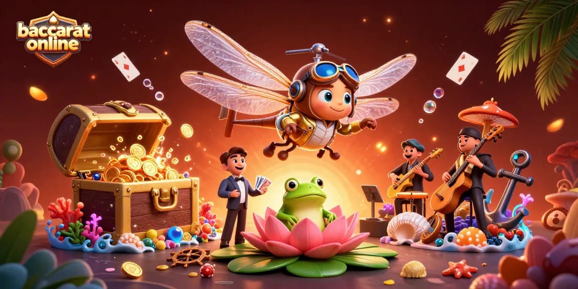 Engage in baccarat online as a dragonfly pilot and frog croupier create an exciting casino scene.